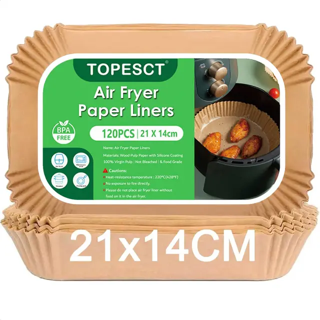 TopEsct 120 Pièces Papier Sulfurisé pour Air Fryer - 21x14 cm, Papier Cuisson de Qualité Alimentaire, Résistant à l'Huile et Imperméable Airfryer Accessoires compatible avec Ninja (21x14cm)