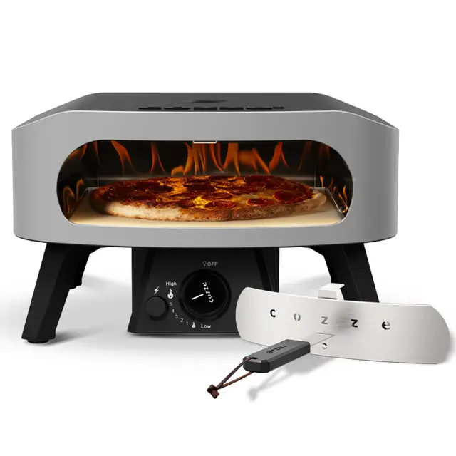 Cozze® 13" Four à Pizza CLASSIC | Gaz 30 mbar | Pierre en cordiérite incluse | Allumage automatique | Thermomètre intégré | Acier inoxydable | Cuisson rapide 2 min, Noir