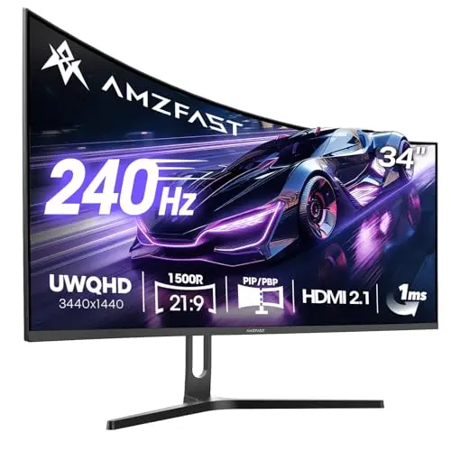 Amzfast Ecran PC Gamer Incurvé 34 Pouces, 240Hz, UWQHD 3440x1440 (21:9), 1 ms MPRT, Eyes Care, sRGB 130%, Adaptive Sync, HDR, HDMI 2.1x2, DP 1.4x2, VESA 75x75, PIP/PBP, AMZG34C5QPro