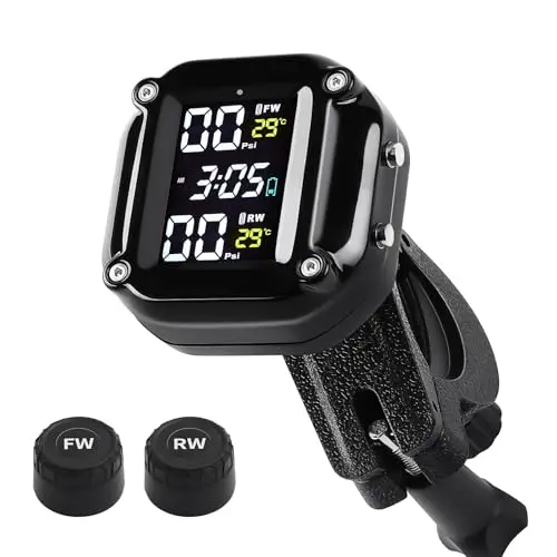 KAOLALI Motorcycle TPMS Système de Surveillance de la Pression des pneus sans Fil pour Moto chargeable par et USB Moto TPMS avec 2 capteurs externes Affichage LCD numérique TPMS pour Moto à Deux Roues