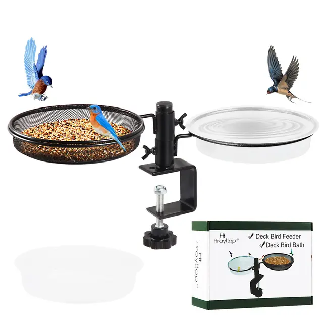 HRAYLTOP Mangeoire à Oiseaux avec Plateau en Maille Métallique et Bol d'Eau - Support de Serrage Robuste Amovible et Réglable - Idéale pour Attirer les Oiseaux