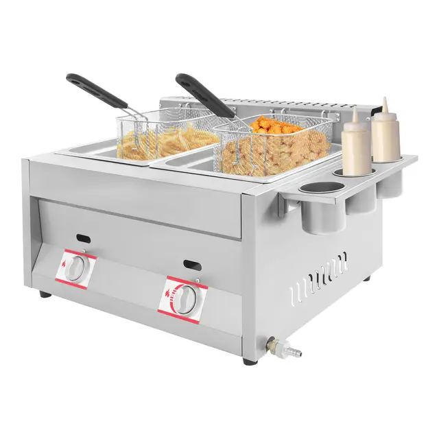 Double friteuse à gaz, 2 x 6 l, en acier inoxydable, avec panier amovible, réglage indépendant de la température, avec gobelet à épices, pour usage professionnel et privé