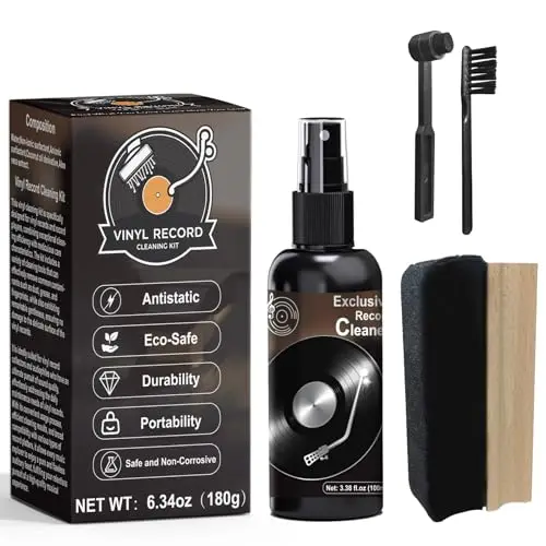 Kit de nettoyage de disques vinyles - Accessoires pour tourne-disque vinyle - Comprend une brosse en velours doux, une solution de nettoyage, une brosse à stylet et une brosse pour velours