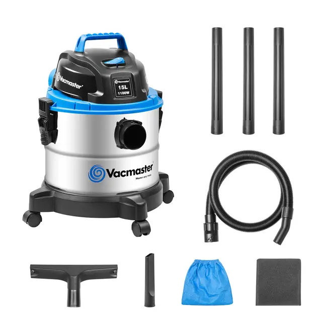 Vacmaster VQ1115S Aspirateur Eau et Poussière, Fonction Soufflerie Aspirateur, Acier Inoxydable Industriel Aspirateur avec & sans Sac 1100W 15L