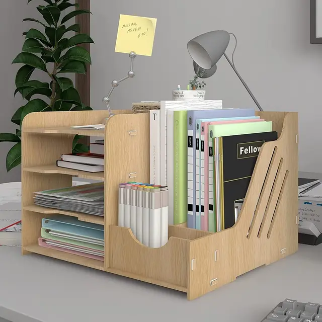 PUNCIA Organisateur de Bureau Multifonctionel Boîte de Rangement Bureau Étagère de Stockage et Porte-Documents Compartiment de Rangement en Bois pour Bureau Maison et École(4 Niveaux)