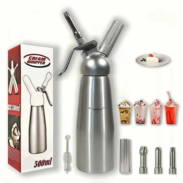 Distributeur professionnel de crème fouettée en aluminium de 500 ml avec buses décoratives en acier inoxydable et brosse de nettoyage, design anti-fuite