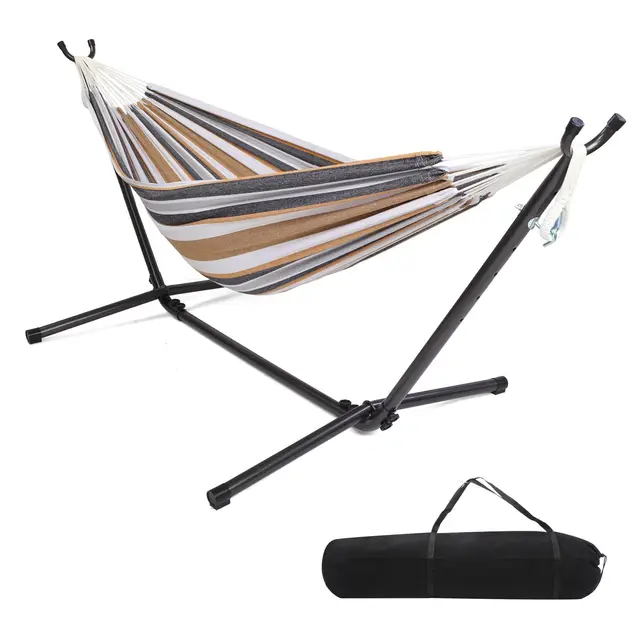 Hamac sur Pied, Capacité de Charge 250kg, Réglable en Hauteur, 305x109x104 cm, Support métallique - pour 1-2 Personnes, Marron