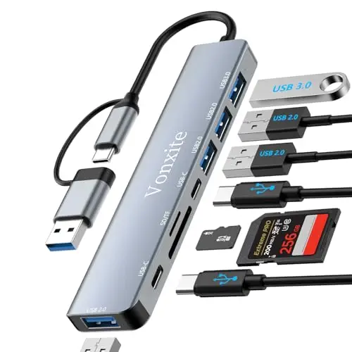 Hub USB 3.0,Hub USB C,8-en-2 Multiprise USB avec Port Usb 3.0/Lecture de Carte SD/TF/2 Ports Usb-C/3 Ports USb 2.0,5Gbps Haute Vitesse Compatible avec MacBook/Pro/Mini,iMac,Surface,XPS,PC,Dell,Windows