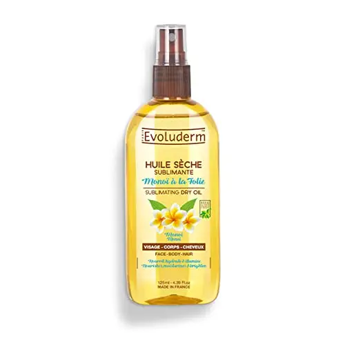 EVOLUDERM - Huile Sèche Sublimante au Monoï - 125 ml - 95% d'Origine Naturelle - Végan - Fabrication Française - Soin Visage, Corps et Cheveux - Hydrate - Sublime - Non Gras