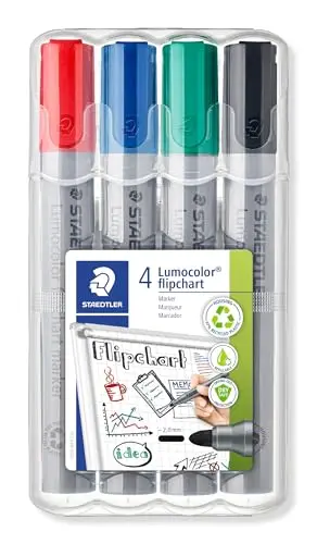 Staedtler Lumocolor Flipchart, Marqueurs pour tableau papier, Pointe moyenne de 2 mm, Étui chevalet avec 4 couleurs assorties, 356 WP4