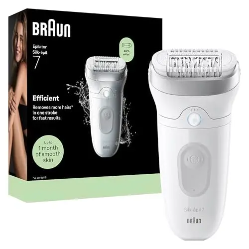 Braun Epilateur Electrique Femme Silk Epil 7 7-011, Argent – Etanche, sans Fil, Embout Rouleau de Massage, Coffret Epilation avec Accessoire de Précision