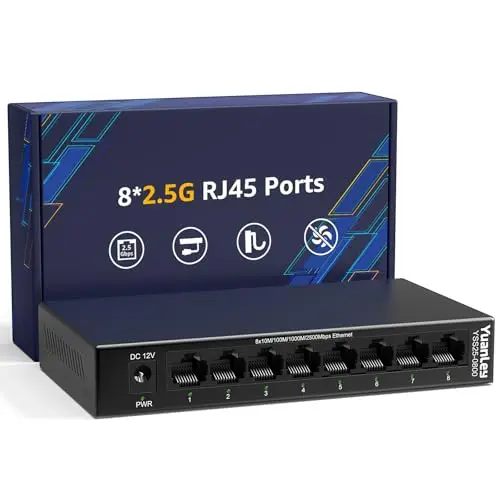 YuanLey Switch Ethernet 8 Ports 2.5G, Switch Réseau Multi-Gig 2.5Gbps Non Géré avec 8 x 2.5GbE RJ45, Plug & Play, Bureau/Montage Mural, Switch LAN Métallique sans Ventilateur pour NAS, WiFi 6 AP