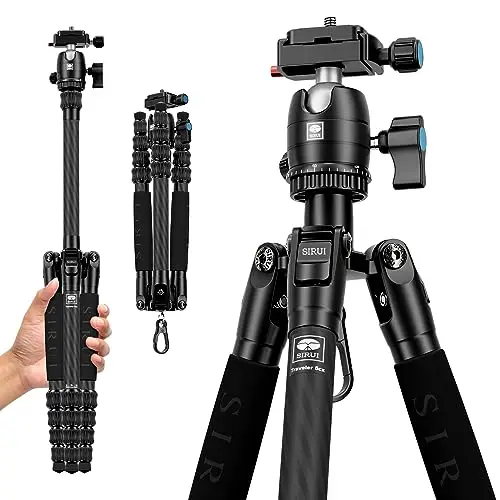 SIRUI Camera Tripod, Compact Carbon Trepied-Traveler 5CX, Trépied de Voyage léger à 5 Sections, Hauteur de Pliage 32cm, Rotule 360°, Plaque de Fixation Rapide Arca de Suisse, Capacité de Charge 6kg.