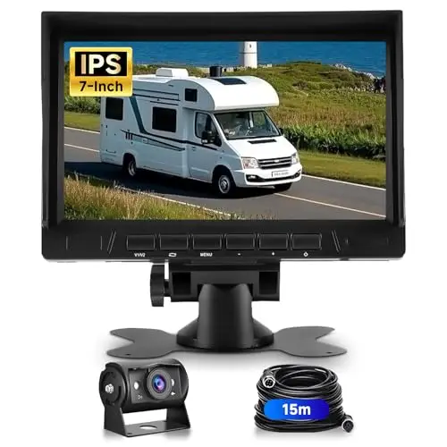 VECHTEL 1080P Caméra de recul avec écran IPS 7 Pouces,kit d'aide au stationnement,1024 x 600,IP69 AHD Vision Nocturne pour SUV, camionnette, Camping-Car, avec Pare-Soleil, câble de 15 m, 12-24 V