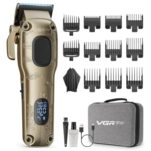 VGRPRO Tondeuse Cheveux Hommes Professionnel, tondeuse homme sans fil avec étui, Électrique kit de coupe pour maison & coiffeur, écran LED, cadeau homme (Gloden)