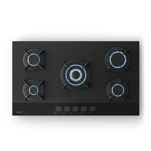 Klarstein Velaire Plaque de Cuisson Gaz 5 Feux - 10400W, Verre, Allumage Électrique, Sécurité Anti-Flamme, Compatible GPL & Gaz Naturel, 90cm, Kit Tuyau & Régulateur