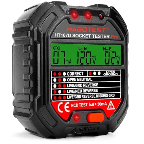 Testeur de Prise 90-250V Testeur de Circuit Electrique Courant Automatique Détecteur de Tension de Polarité avec LCD Test RCD pour Détectez Erreurs des Câblages