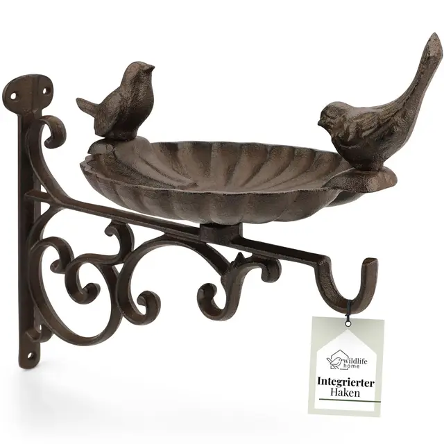 WILDLIFE HOME Bain d'oiseaux suspendu avec support mural « Deux oiseaux » pour jardin, balcon, bain d'oiseaux, à suspendre, résistant au gel, en fonte, mangeoire pour oiseaux sauvages