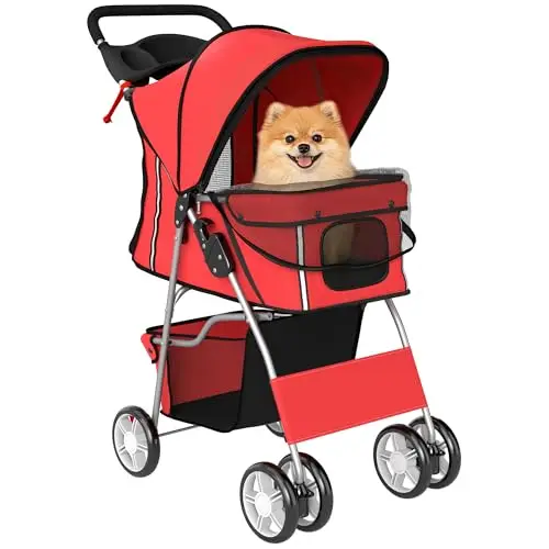 Poussette Buggy Pliable Animaux, Chariot Pliante Imperméable pour Chien et Chat, Toit Amovible Incluse, Porte-Gobelet, Panier de Rangement, Roues avec Frein, Tissu 600D Oxford, Acier, Rouge