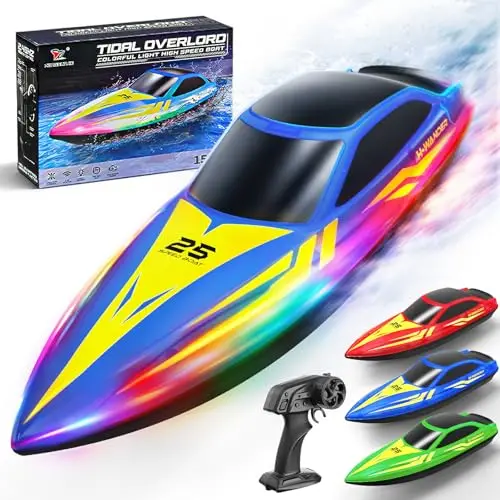 Bateau télécommandé RC avec LED 7 modes, vitesse 15km/h, télécommande 2.4GHz,alertes batterie faible et hors portée, 2 batteries, auto-redressement, cadeau garçons et filles, piscine et lac.—bleu