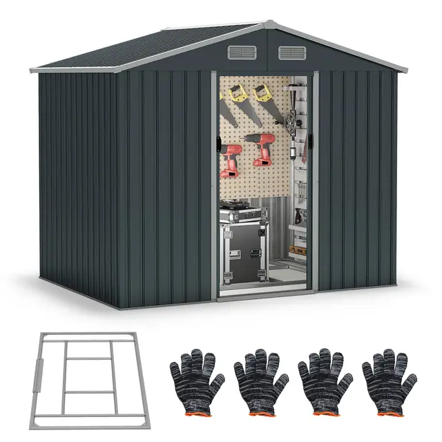 COSTWAY Abri de Jardin Métal 7,9 m³avec Fondation, Toit Double Pente, Portes Coulissantes, 4 Aérations, Rampe, Cabane de Jardin Exterieur 3,6 m², 235 x 171 x 196 cm, pour Vélo, Poubelle, Outil