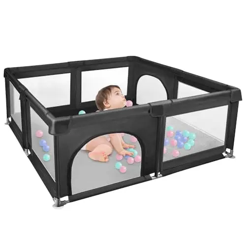 parc Bébé Modulable avec Tapis et Barrières, Petit Parc Enfant en Tissu Oxford pour Appartement Avec 50 Balle (Noir)