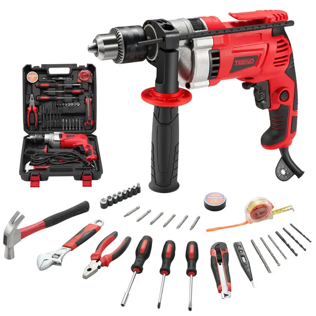 TEENO Perceuse à Percussion électrique 910W, Perceuse Électrique à Percussion 0-3000 RPM avec 37 Pièces Caisse à Outil Complete Tournevis et Pinces,Mandrin 13mm, Vitesse Variable,Brique,Bois,Acier