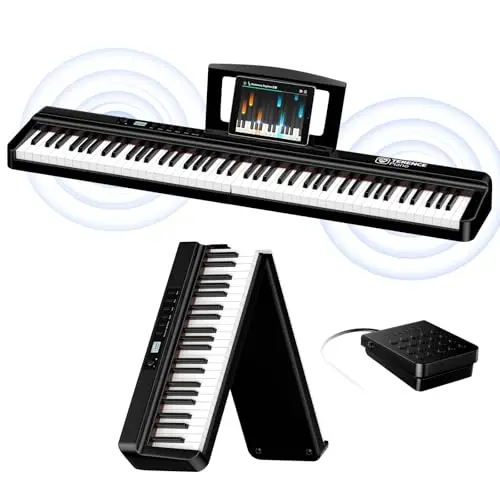 TERENCE Pliable Piano Numérique 88 touches avec Haut parleur 2x25W Batterie de 2000mAh lestées Pédale de Sustain interface MIDI avec support de partitions Bluetooth Sacs pour Piano Câble audio Casque
