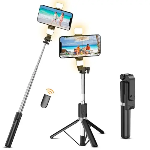 CNMTCCO Perche à Selfie Trépied Amélioré 2 Lumière de Remplissage, 130 CM Trépied pour Téléphone Portable Rétractable avec Télécommande Détachable, Compatible iPhone Samsung Smartphones Smartphone etc
