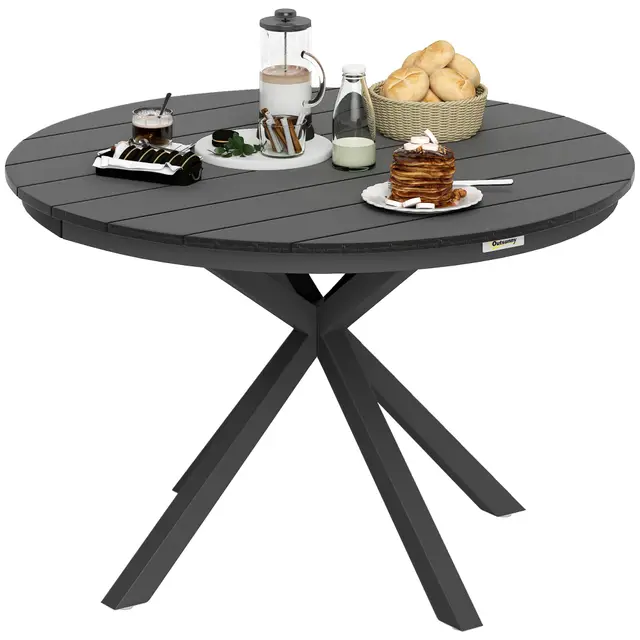 Outsunny Table à Manger de Jardin, Table de Jardin Ronde Ø 118 cm avec Cadre en Aluminium, Plateau Aspect Effet Bois et Patins de Pieds réglables, pour Balcon, Porche, terrasse, Noir
