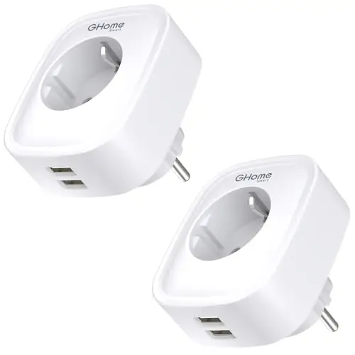 GHome Smart Avec USB 16 A, prise Wi-Fi avec mesure de la consommation d'énergie, avec télécommande d'application, fonctionne avec Alexa, Google Assistant, commande vocale et minuterie, lot de 2, blanc