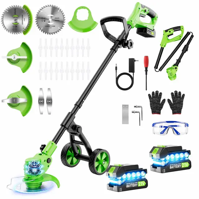 Debroussailleuse Électrique sans Fil avec Roues, Coupe Bordure Multifonction avec 2 Batteries et Chargeur, 3 Types de Lames, Outil de Jardin Idéal pour Pelouse, Jardins