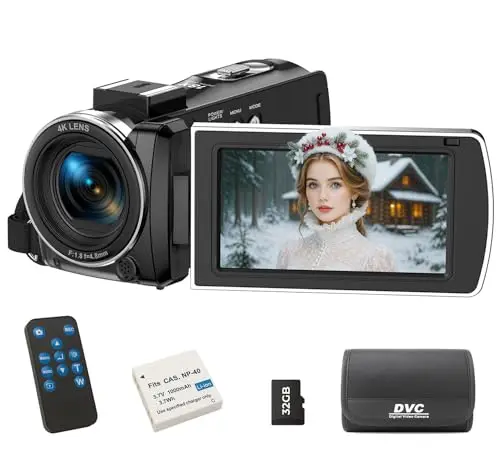 Caméscope 4K Caméra Vidéo 64MP Zoom Numérique 18X Camescope Numerique, 3" Écran Rotatif à 270° Vlogging Camera pour Youtube avec Télécommande, Batterie et Carte SD 32Go