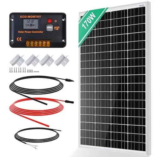 ECO-WORTHY Kit de Panneau Solaire 170W 12V pour Camping-car, Fourgon Aménagé, Maison, Bateau, Jardin Remorque: Panneau Solaire 170W*1+Contrôleur 30A PWM+Supports de Montage en Z+Câble Solaire 5m