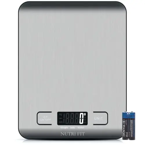 NUTRI FIT Balance de cuisine numérique en acier inoxydable, ultra fine, multifonction, écran LCD rétroéclairé, 5 kg/11lb, 2 piles AAA incluses (gris argenté)