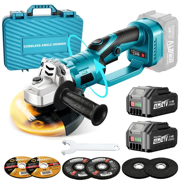 Yofuly Meuleuse d'angle sans fil Compatible avec Batterie Makita 18V, Tête Rotative à 180° | 3 Vitesses | 9000 tr/min 125 mm Disqueuse sans fil avec 6 Disques, 2 Batteries 4,0 Ah pour Meulage/Découpe