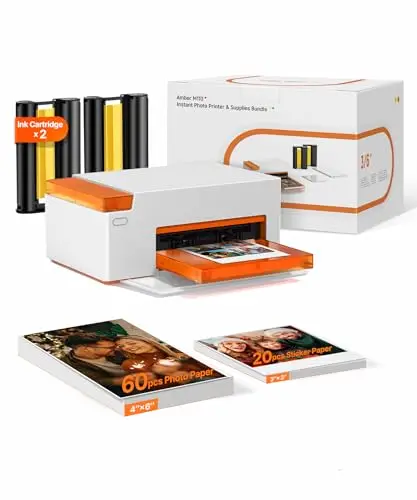 Liene Amber M110 Mini Imprimante Photo Portable – Kit avec 60 Photos 10x15 cm + 20 Autocollants 7,7 cm + 2 Cartouches, Technologie Thermosublimation & Bluetooth, pour iPhone et Android