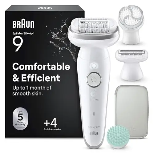 Braun Epilateur Electrique Femme Silk Epil 9 SkinSpa 9-080, Argent – Etanche, sans Fil, Tête Pivotante, Coffret Epilation Tout-en-Un, Sabot Tondeuse, Coussin de Massage, Brosse Exfoliante