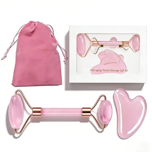 Gua Sha Visage Set Kit Complet avec Roller Quartz Rose Naturel à Double Rouleau, Grattoir Fcial en Forme de Cœur Et sac Rose Inclus, Multifonctionnel pour Visage Dos Jambes Et d’autres Zones