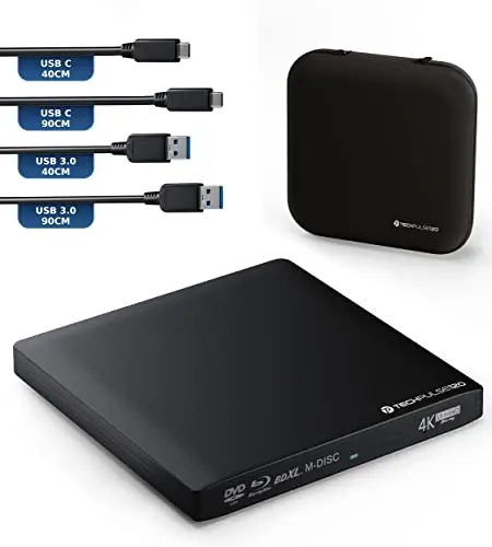 techPulse120 Externe USB 3.1 USB-C Lecteur Graveur UHD 4K 3D M-Disc Blu-Ray DVD CD BDXL HDR10 128 Go Superdrive Windows macOS Deluxe Aluminium Noir