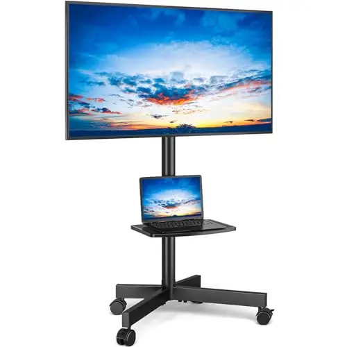 RFIVER Support TV sur Pied Chariot TV Meuble Télé Support avec Roulette Pied de 27 à 60 Pouces, Mobile TV Pivotant et Réglable en Hauteur, jusqu'à 40 kg, Max VESA 400x400 mm