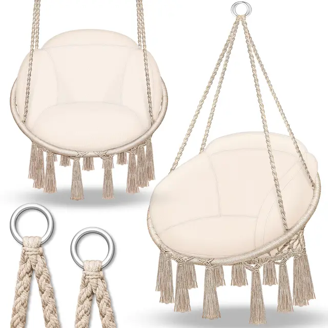 tillvex Hamac Chaise Suspendu avec Grand Coussin 200kg | Chaise Relax à Franges - Intérieur et Extérieur | Hamac avec Coussins Confortables de Siége | Kit de Suspension