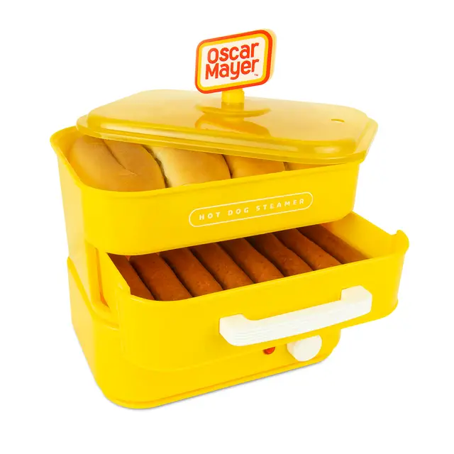 Le grille-pain à hot-dog et réchauffeur de buns style diner Nostalgia Oscar Mayer, capacité de 8 hot-dogs et 4 buns, pour cuire à la vapeur les bratwursts, saucisses, légumes, poissons, raviolis