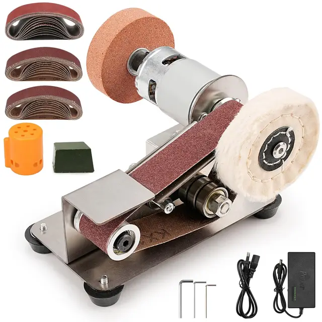 SI FANG Kit mini ponceuse à bande, Affûteurs électrique 15°, petite meuleuse d'établi à 7 vitesses, pour la fabrication de couteaux, l'affûtage des bords d'outils, le travail du bois et du métal