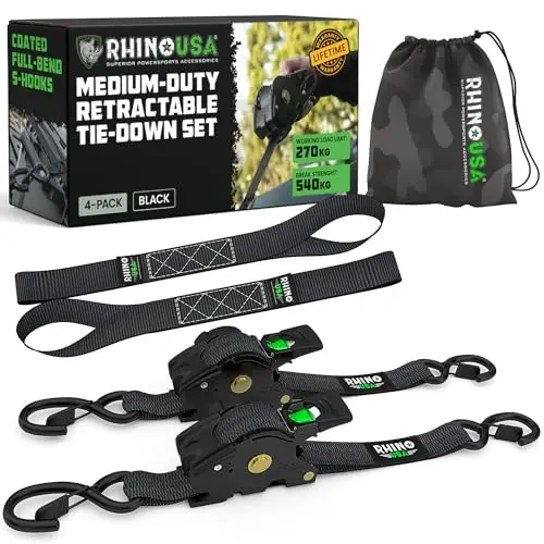 Rhino USA Sangles à Cliquet Rétractables (Lot de 2) - 2.5cm x 3m (540kg Résistance à la Rupture) - Sangles d’Arrimage Automatiques et Robustes pour Camion, Remorque, Moto, Vélo & Plus - Noir