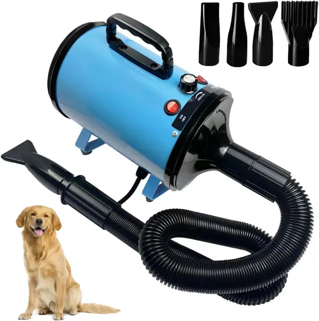 Professionnel Souffleur Chien,3200W Souffleur de Soins pour Chien,pour Animaux Vitesse Continue et température réglable,5 Buses,Bleu Clair