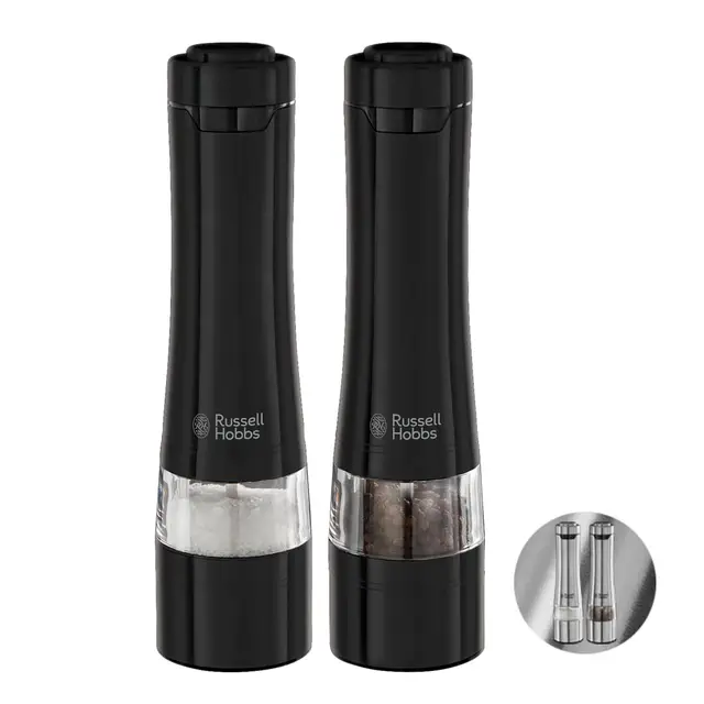Russell Hobbs Set Moulins à Sel et Poivre électrique [2 Moulins automatiques] Noir Acier Inox (Finesse de broyage réglable, Meules en Céramique, pour épices séchées, Eclairage LED) 28010-56