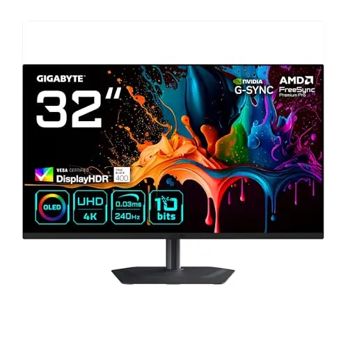 GIGABYTE MO32U2 Moniteur Gaming OLED 32” 4K UHD - 3840 x 2160, 240Hz, 0.03ms, 250 CD/m², G-Sync Compatible, FreeSync Premium Pro, Display HDR True Black 400, HDMI 2.1, DisplayPort 1.4