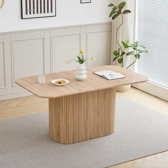 GrandCA HOME Table à Manger Rectangulaire avec Coins Arrondis, Table à Manger de Cuisine Moderne de 160 cm avec Base en Bois, Grand Plan de Travail en MDF, pour 4 à 8 Personnes, Veinage Bois Clair