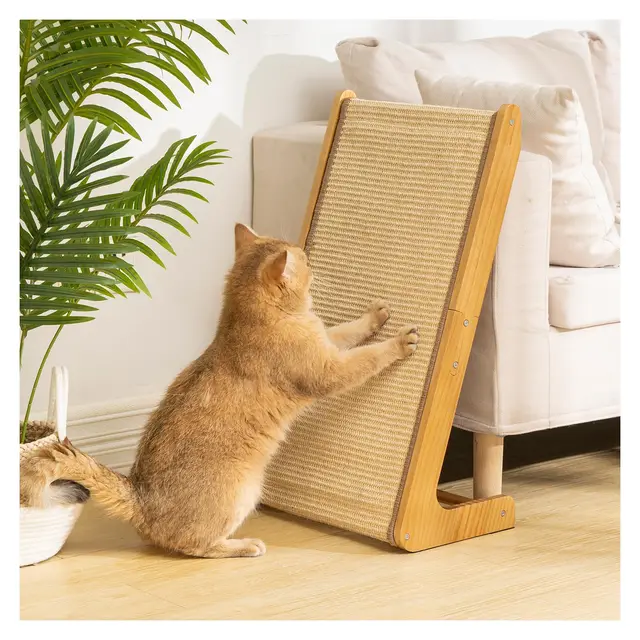 Avont Griffoir pour Chat en Sisal Naturel, Gratoir pour Jouer et Grimper, en Forme de L, Angle à 110°, Rampe et Planche Griffoir Chat en Bois, Grand Grattoir, Protection des Meubles 65×37 cm –Style B